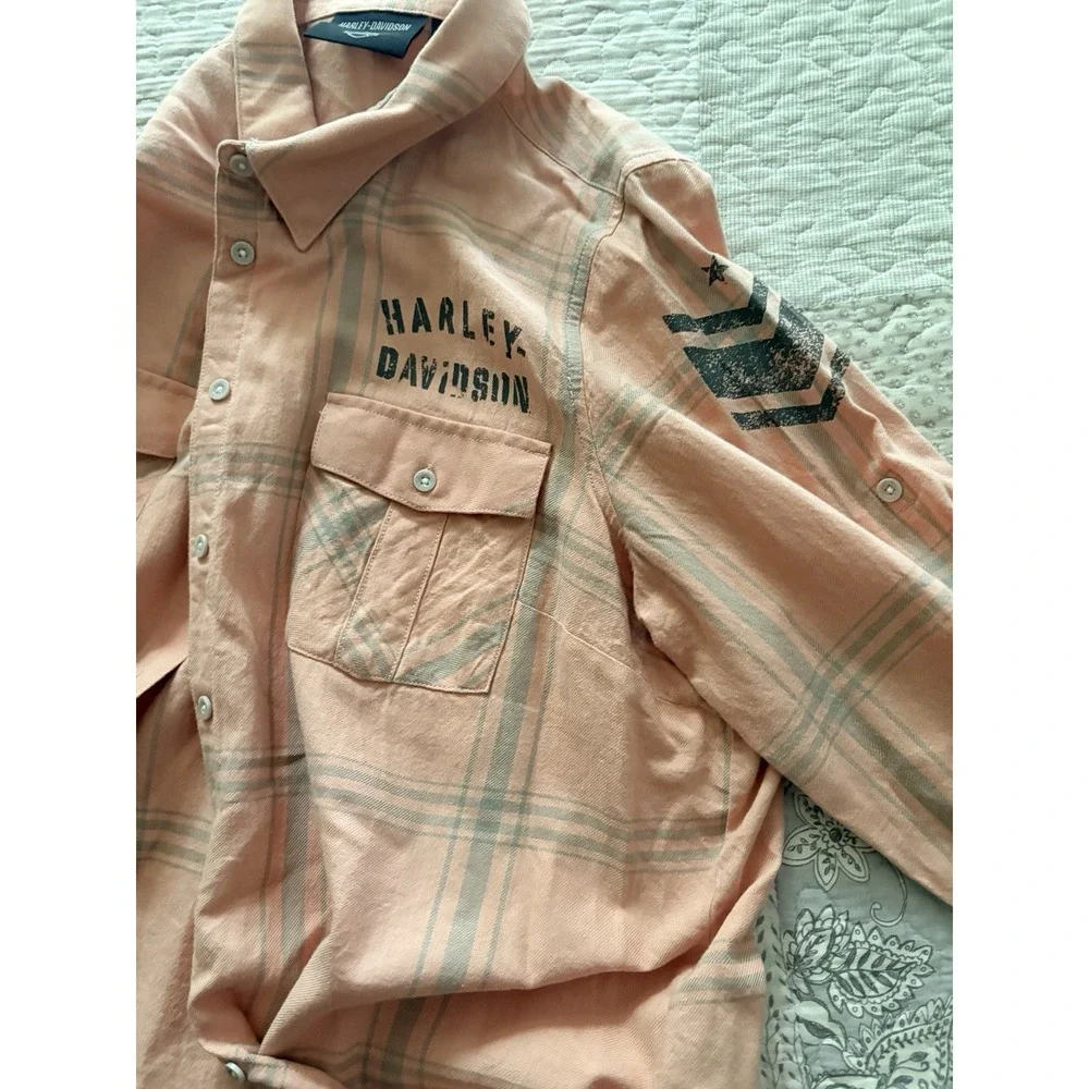 Harley Davidson flannel biker shirt outdoor plaid spring salmon orange women 2XL - Picture 12 of 15